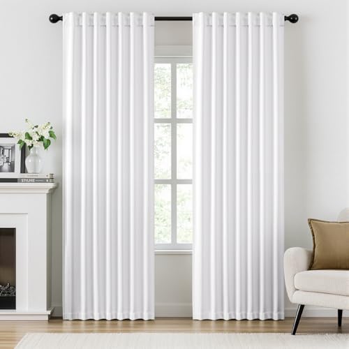 ANRODUO Back Tab Blackout Curtains for Bedroom Living Room, Rod Pocket Pinch Pleated Thermal Insulated Room Darkening Curtains 90 Inches Long 2 Panels, White, 42 x 90 Inch