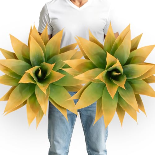 2Pack Fake Plants Artificial Agave Plants, Large UV Resistant Faux Agave Planters for Indoor and Outdoor Decorating Tropical Plant Succulents Greenery Indoor Decor 29Blade(Yellow)