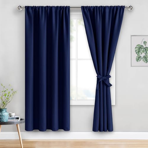 JIUZHEN Blackout Curtains for Bedroom - Thermal Insulated Room Darkening Rod Pocket Curtains for Living Room, Set of 2 Panels with Tiebacks, 52 x 72 Inch Length, Navy Blue