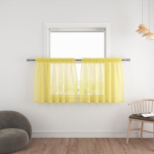 UPOPO Yellow Sheer Tier Curtains 24 inches Long Voile Kitchen Tiers Linen Textured Cafe Curtains Bathroom Short Small Curtain for Door Window Panels Half Window Curtains 2 Pieces Rod Pocket