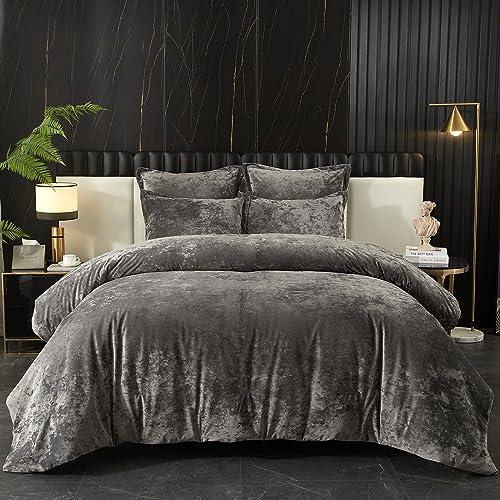 Ivellow King Luxury Velvet Comforter Set, 5pcs Grey, Includes 1 Comforter, 2 Pillow Shams, 2 Euro Shams