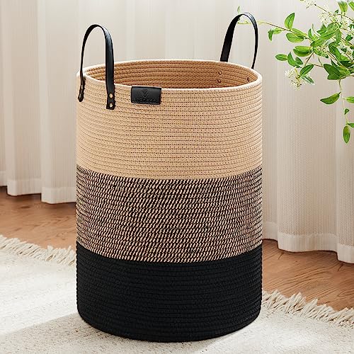 VIPOSCO Tall Laundry Basket, Large Dirty Clothes Hamper with Leather Handle, Woven Rope Storage Basket for Blanket, Toy In Living Room, Bathroom, Bedroom - 100L Brown & Black