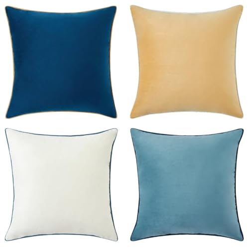 MONDAY MOOSE Decorative Throw Pillow Covers Cushion Cases, Set of 4 Soft Velvet Modern Double-Sided Designs, Mix and Match for Home Decor, Pillow Inserts Not Included (16x16 inch, Blue/Beige)
