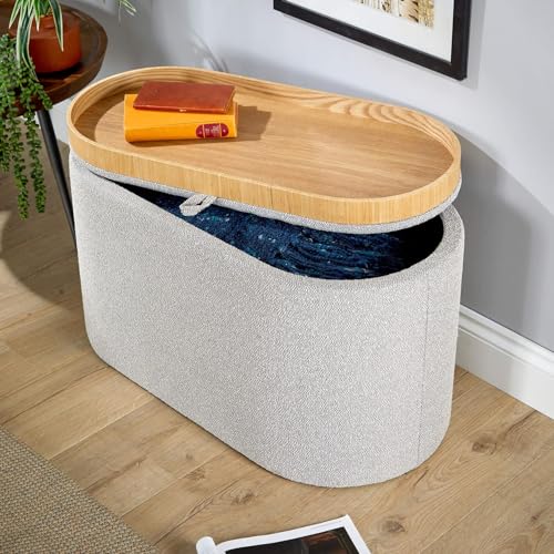 Home Source Oval Fabric-Covered Storage Ottoman with Detachable Wooden Lid, Grey