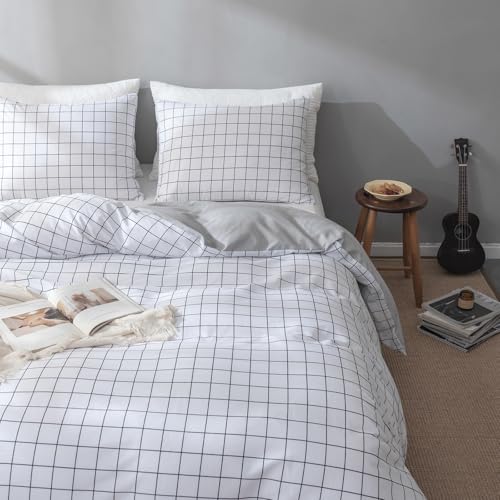 VClide Duvet Cover Ultra Soft Cotton Full Bedding Sets with Zipper Closure, 3 Pieces Minimalist Modern Checkered Printed Pattern Bedding Comforter Cover for Kid Teen Adult, White and Black Home Decor