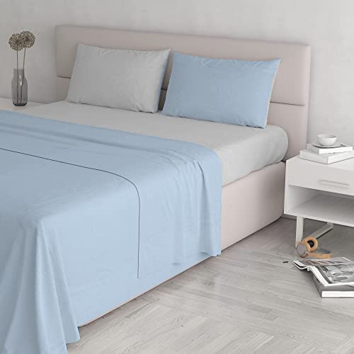 Italian Bed Linen Natural Colour Bed Sheet Set, Light Blue/Light Gray, Double