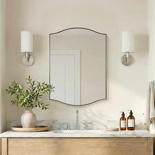 "ANDY STAR Brushed Nickel Bathroom Mirror, 22""x30"" Scalloped Wall Mirror in Stainless Steel Metal Frame, Unique Vanity Mirror with Modern Curved Edge Design, Ideal for Bathroom, Bedroom, Entryway"