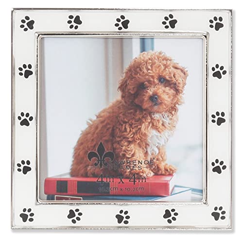 4x4 Silver Metal and White Enamel Picture Frame, Paw Print Design