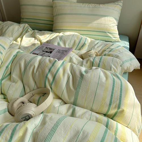 EAVD Retro Striped Duvet Cover Set Queen Size Soft 100% Cotton Vintage Yellow Green Stripes Pattern Bedding Set with 2 Pillowcases Reversible Farmhouse Geometric Printed Duvet Cover with Zipper