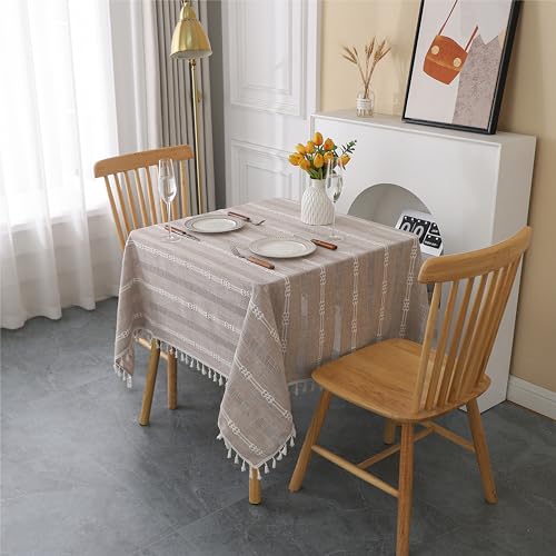 Gernaice Rustic Stripe Embroidered Square Tablecloth Heavy Tassel Cotton Linen Table Cloth Wrinkle Free Washable Table Cover for Kitchen Dinning Party Holiday Brown 70x70 Inch