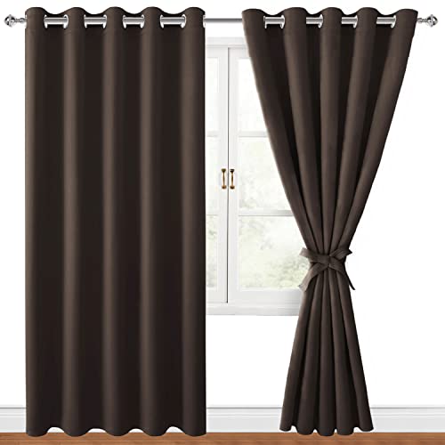 Hiasan Blackout Curtains for Bedroom, 60 x 84 Inches Long - Thermal Insulated & Light Blocking Window Curtains for Living Room/Kids Room, 2 Drape Panels Sewn with Tiebacks, Brown
