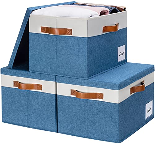 "GhvyenntteS Fabric Storage Bins with Lids (3 Pack), Large Closet Storage Baskets with Lid and 3 PU Handles, Foldable Fabric Storage Boxes with Label Window for Home Office (Blue, 15"" x 11"" x 9.7"")"