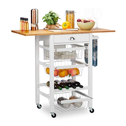 Relaxdays Kitchen Trolley with Folding Top, Country Style, 3 Baskets, Knife Block, Bottle Rack, Butler, White, Fibreboard, 89 x 60 x 49cm