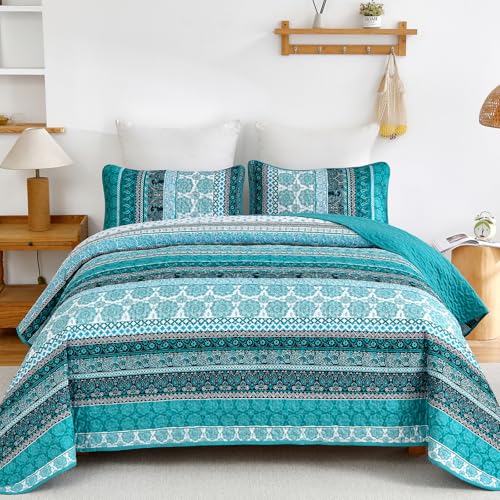 "WONGS BEDDING Boho Quilt Set King Size, Teal 3 Pieces Bohemian Striped Patchwork Bedspread Coverlet, Lightweight Soft Microfiber Bedding Set for All Season (104""x90"")"