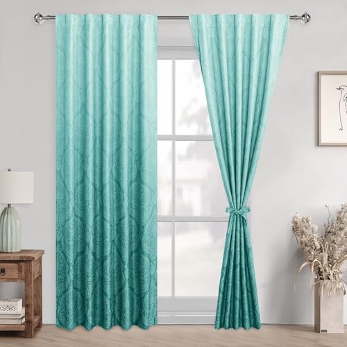 DWCN Back Tab Ombre Room Darkening for Bedroom - 84 inches Length Damask Design Thermal Insulted Window Drapes with Tiebacks Light Blocking Curtains for Living Room, 2 Panels, W42 x L84, Teal
