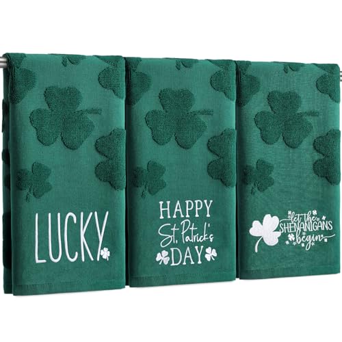 "SmoothNovelty 3 Pcs St. Patrick's Day Hand Towels for Bathroom Green Shamrock Embroidered Cotton Kitchen Towels Lucky Clover Dishcloth 13.3"" x 29.5"" Happy St Patrick's Day Decors for Irish Gift(Green)"