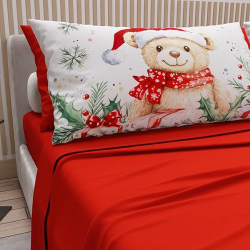 PETTI Italian Artisans - Cotton Sheets with Christmas Digital Print Pillowcases, Christmas Queen Size Sheets, Christmas Bed Set, Xmas 16 Red, 100% Made in Italy