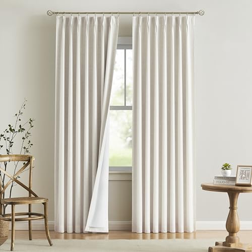 "Vision Home Natural Pinch Pleated Full Blackout Curtains Linen Blended Room Darkening Window Curtains 108 inch for Living Room Bedroom Thermal Insulated Pinch Pleat Drapes with Hooks 40"" Wx108 Lx2"