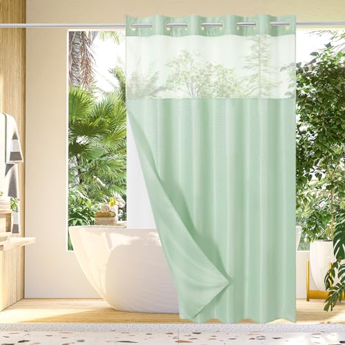 Gibelle No Hook Cloth Shower Curtain with Snap-in Fabric Liner Set for Bathroom, Hotel Style with Mesh Top Window, Waterproof & Washable, Mint Green, 72x74