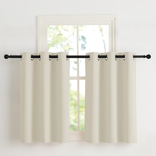 NICETOWN Net Curtains, Short Curtain, Beige Opaque Blackout Curtains with Eyelets, Kitchen Curtains, Window Curtains, Modern Thermal Curtains, Living Room, Eyelet Curtain, Set of 2, Light Beige, H 90