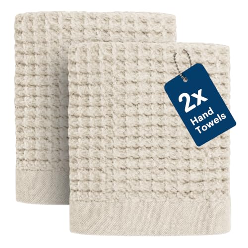 ONSEN Supima Waffle Hand Towel 2 Pack - Luxury Cotton Towels - Quick Dry, Soft, Absorbent, Lightweight Spa Towels for Bathroom (Oatmeal)