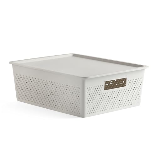 TATAY Plastic Storage Basket 12L Bohol - Organiser Box with Lid - Optimal Ventilation - Stackable Modular System - Integrated Handles - BPA-Free Recycled Plastic - 30x39x13.5 cm, White