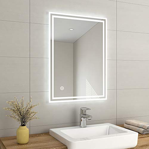 EMKE 800 X 600 mm LED Illuminated Bathroom Mirror with Lights and Demister Pad, Wall Mounted Touch Sensor Bathroom Mirrors Anti Fog for Makeup Cosmetic, IP44 Rated