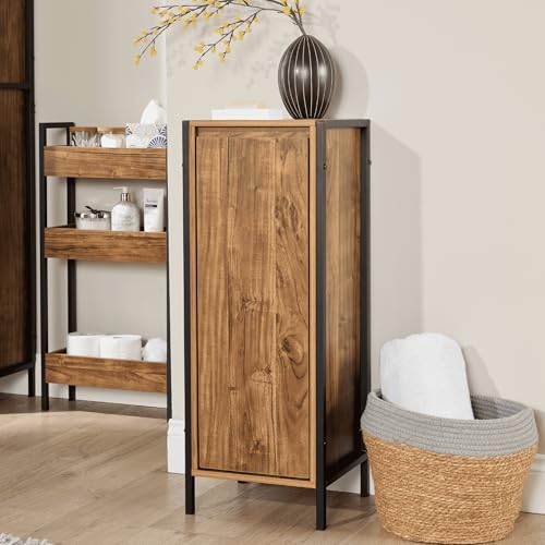 Home Source 3 Shelf Slim Bathroom Cabinet – Oak-Style Shelving with Black Metal Frame – Compact Bathroom Storage with Adjustable Shelves