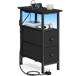 SONGMICS BELLAH Collection – Side End Table, Bedside Table with Charging Station, LED Lighting, 2 Drawers, for Living Room, Bedroom, Ink Black LGS002B103
