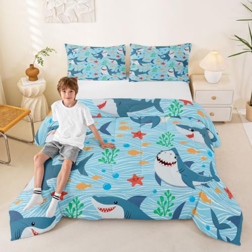 Cute Shark Comforter Set Full Size,Fish Coral Bedding Set 3pcs for Kids Teens Boys Girls Room Decor,Mysterious Under Sea Animals Plants Themed Quilt Set Cartoon Blue Duvet Insert with 2 Pillowcases