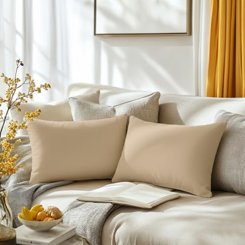 QUORGVES Beige Velvet Throw Pillow Covers 12x20 Inch Set of 2 - Covers Only,Ultra-Soft,Hidden Zipper,Easy Care,Decorative Accent Cushion Covers For Couch Sofa Bed Decor