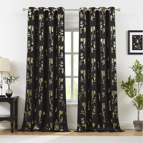 "Ronaldecor Black Gold Foil Rose 100% Blackout Window Curtains 52"" Wx63 Lx2 - Luxury Golden Foil Rose Pattern, Grommet Top, Thermal Insulated Room Darkening Noise Reduction Drapes for Bedroom Living Room"