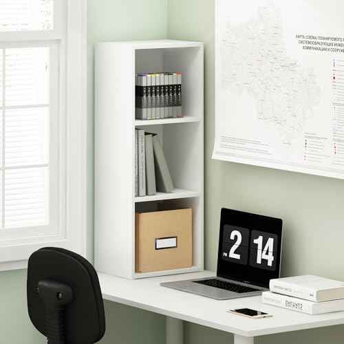 Furinno PASIR Book Shelf, 3-Tier Bookshelf, Tool Free Assembly Bookcase with Open Shelves, 22.86 x 30.48 x 81.28 cm, Floor Standing, for Living Room, Bedroom, Home Office, Plain White