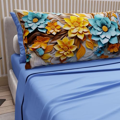 PETTI Artigiani Italiani - Cotton Sheets with Pillowcases in Digital Print, Double Maxi, Complete Top and Bottom Sheet with Corners, Floral 05 16 Light Blue, 100% Made in Italy