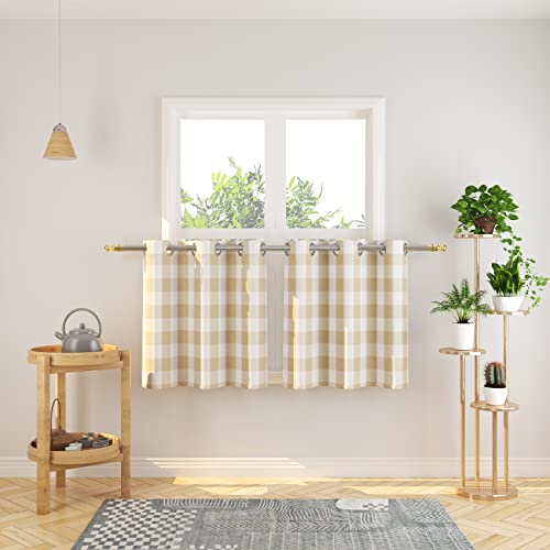 Natus Weaver Tier Curtains 24 inches Long Buffalo Check Gingham Plaid Kitchen Window Curtain Panels Bathroom Grommet Top Window Treatment 2 Panels Beige and White