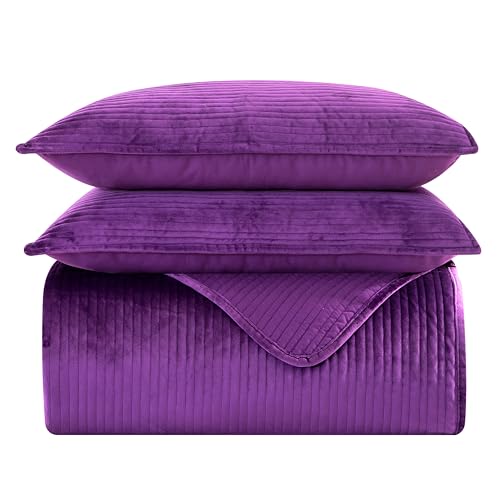 Elegant Comfort Luxury 3-Piece Velvet Corduroy Stripe Quilt Set, Ultra Soft Bedspread - Cozy Velvet Coverlet Set - 3PC Medium Weight Quilted Set with Matching Pillow Shams, California King, Purple