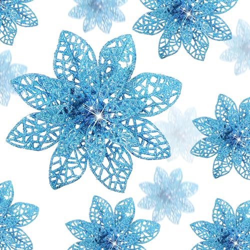 Boao 24 Pieces Glitter Poinsettia Christmas Tree Ornament Christmas Flowers Decor Ornament, 3/4/6 Inches (Lake Blue)