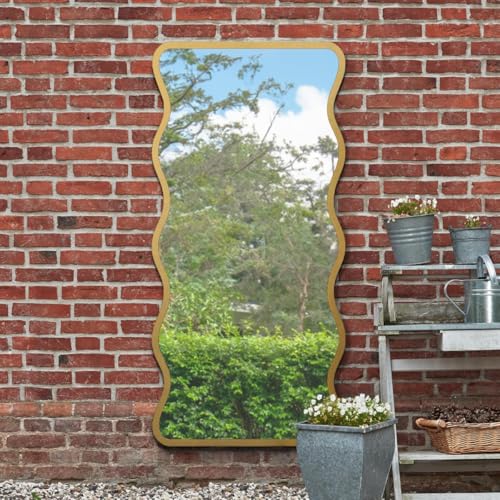 "MirrorOutlet The Fluctus - Gold Metal Wavy Framed Rectangular Garden Wall Mirror 67"" X 31"" (170CM X 80CM) Silvered Mirror Glass. Extra Large. Landscape or Portrait"