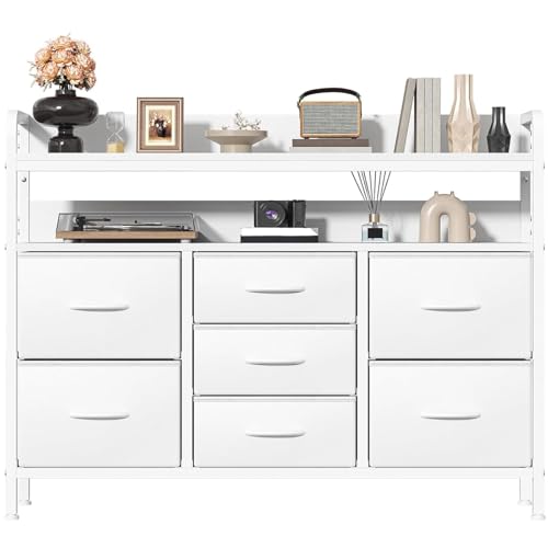 Feonase Chest of Drawers Bedroom, Fabric Dresser with 7 Drawers, Storage Dresser with 2 Layer Shelves, Tall Storage Organizer Unit with Steel Frame, for Bedroom, Living Room, Hallway, White