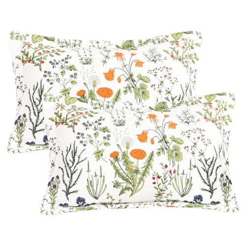 Lady Ann Cotton Quilted Pillow Shams 20x36, Leaves & Yellow Flowers Pattern Printed King Pillow Cases Set of 2, Decorative Soft & Cozy Pillow Covers for Bed
