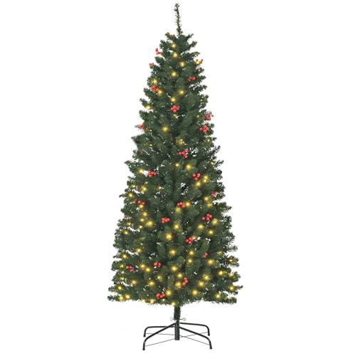 HOMCOM 6FT Prelit Artificial Pencil Christmas Tree with Red Berry Green