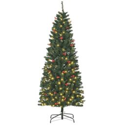 HOMCOM 6FT Prelit Artificial Pencil Christmas Tree with Red Berry Green