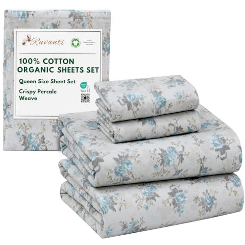 "Ruvanti 100% Organic Cotton Sheets Queen Size, Percale Weave, GOTS Certified, 4-Piece Set, Deep Pocket 15"", Crisp & Breathable, Soft Durable Bedding, S??banas Algod??n Org??nico ??? Blue Rose"