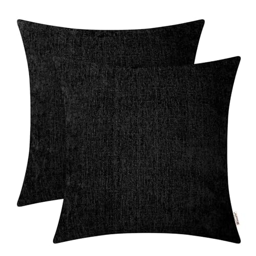 BRAWARM Pack of 2, Chenille Soft Throw Pillow Covers, Chenille Cushion Cover Pillowcase Shells, Decorative Couch Pillows for Living Room Car Sofa Chair 40cm x 40cm Black
