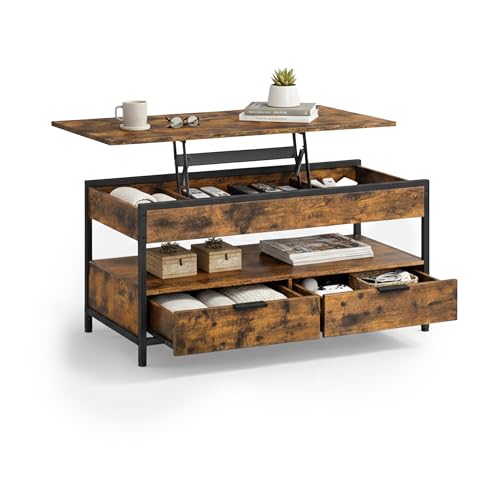 Relaxdays coffee table, lift-top, 2 drawers, 4 compartments, HWD 48–63 x 100 x 40 cm, industrial style, brown/black