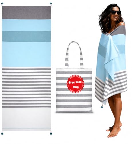 Folkulture Turkish Beach Towel with Beach Bag 40 x 72 Inches, Beach Blanket or Oversized Turkish Bath Towel, 100% Cotton Quick Dry and Sandproof Beach Towels for Adults, Lightweight and Large, Aqua