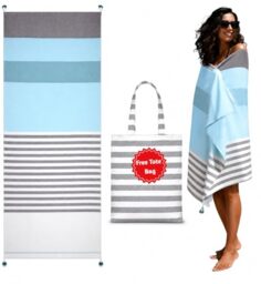 Folkulture Turkish Beach Towel with Beach Bag 40 x 72 Inches, Beach Blanket or Oversized Turkish Bath Towel, 100% Cotton Quick Dry and Sandproof Beach Towels for Adults, Lightweight and Large, Aqua