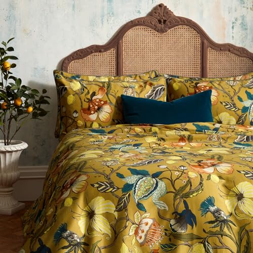 Edinburgh Weavers EW Morton Floral Duvet Set – Luxury Cotton Sateen Bedding, Designer Floral Print, 2000 Thread Count (Ochre – Double)