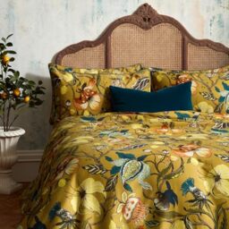 Edinburgh Weavers EW Morton Floral Duvet Set – Luxury Cotton Sateen Bedding, Designer Floral Print, 2000 Thread Count (Ochre – Double)