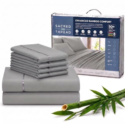 Sacred Thread Rayon Derived from Bamboo Sheets Queen Size, 18'' Deep Pocket Cooling Sheets for Hot Sleepers, 6 PC Cooling Sheets, Queen Size (Light Grey)